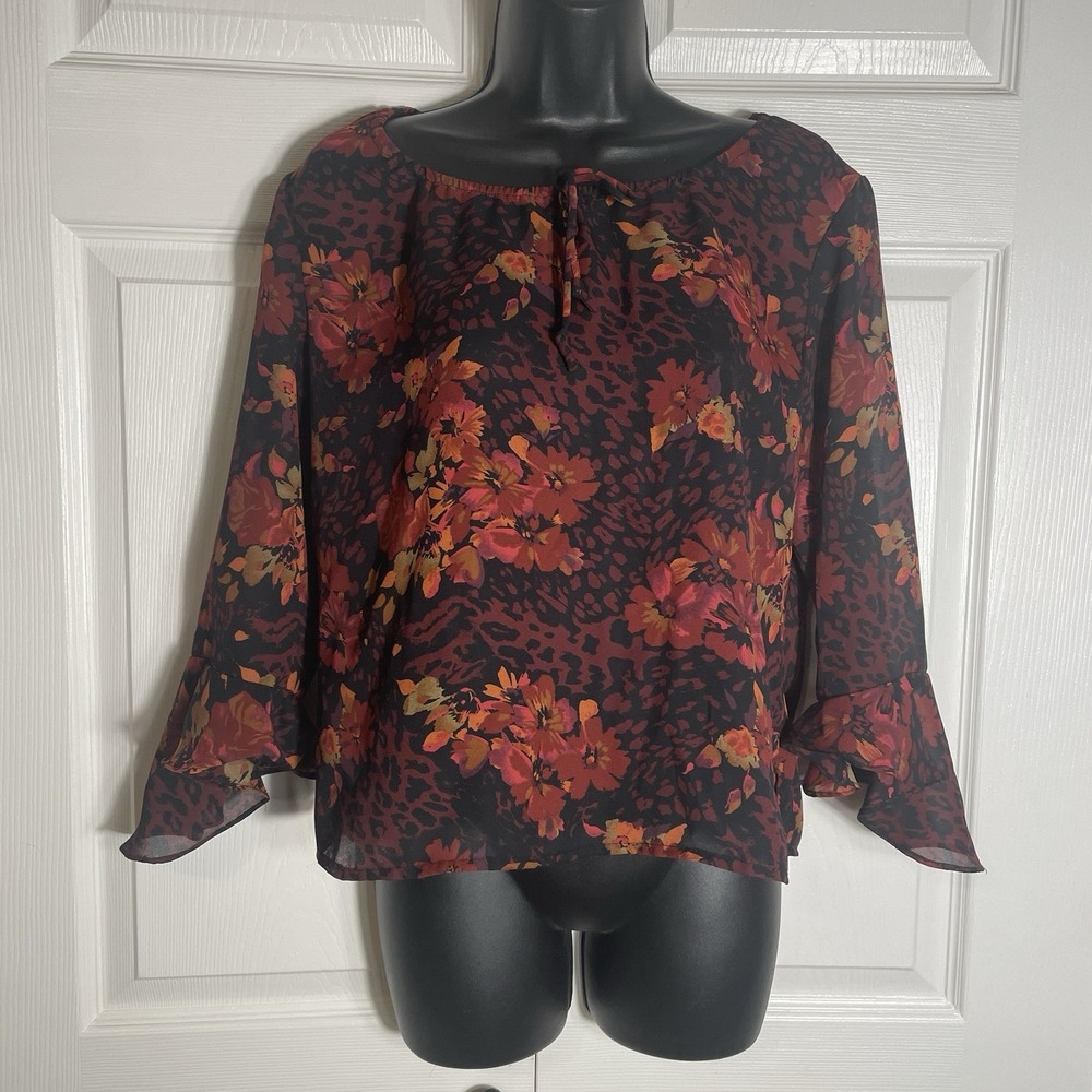 Vintage Notations Floral Y2K Shirt Women Petite L Black Red Whimsigoth Fairy Top